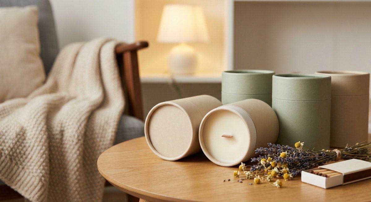 蠟燭紙管包裝展示大豆蠟香氛蠟燭，香氛品牌質感提升客製紙罐方案說明。