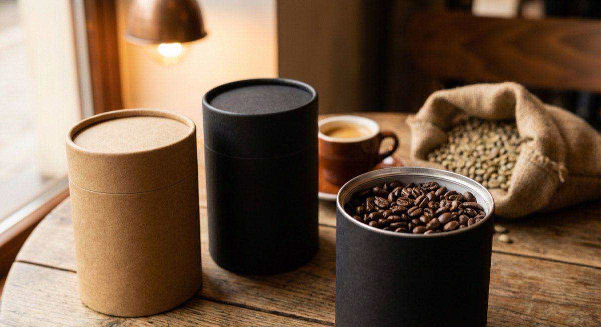 咖啡豆紙罐包裝搭配新鮮烘焙豆展示，精品咖啡保鮮與品牌升級客製方案。