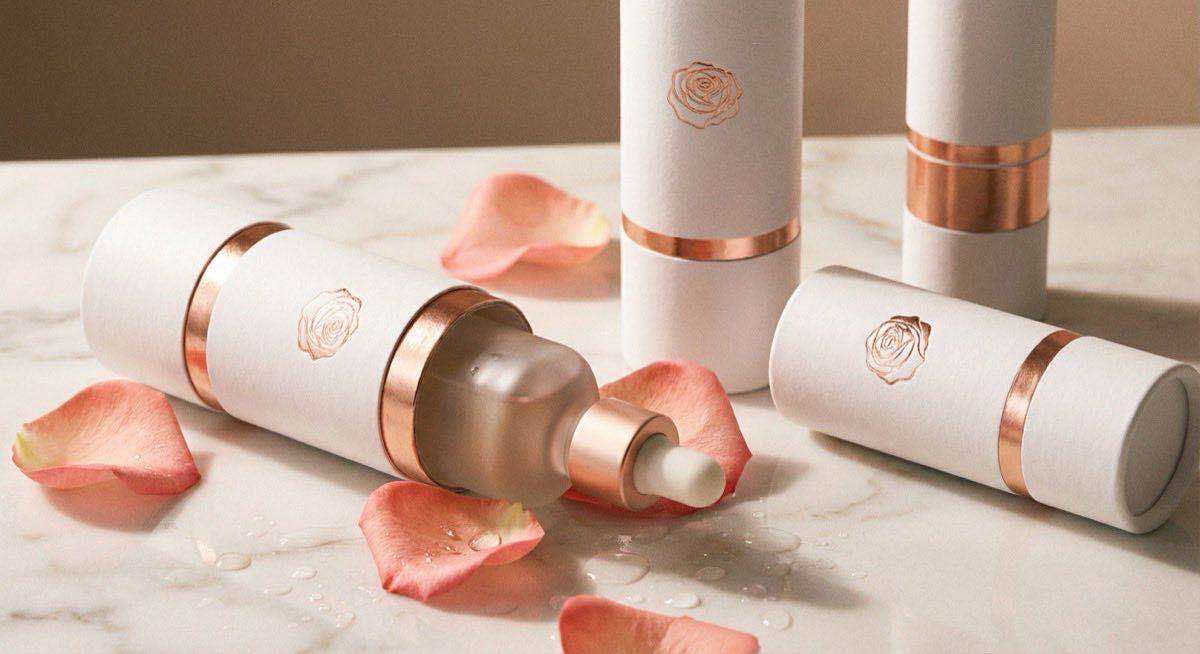 保養品紙管包裝內含精華液玻璃滴瓶，保養品牌升級方案與客製紙管設計。