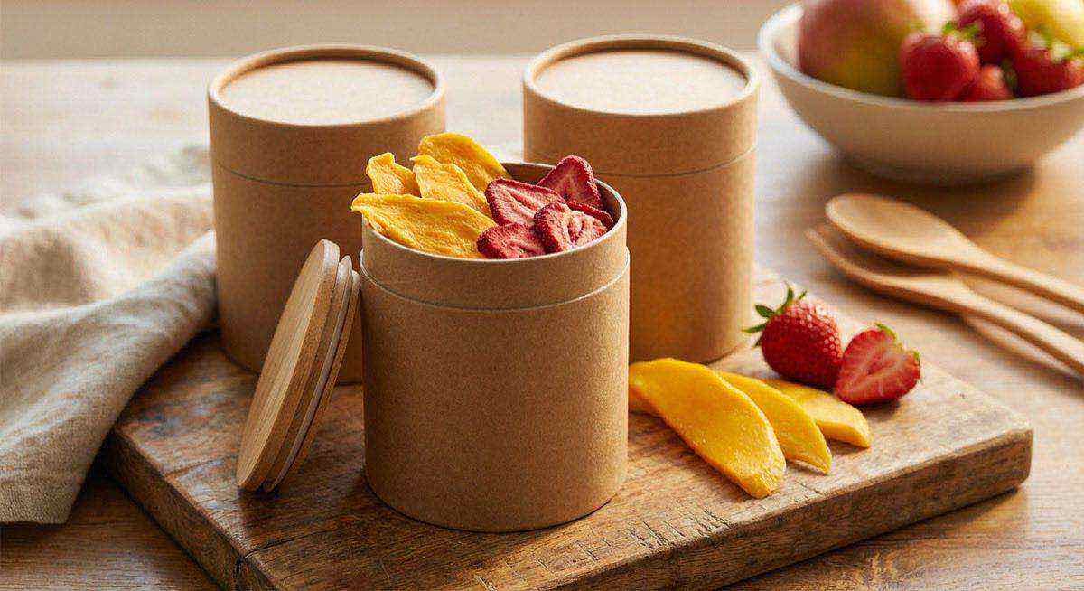 果乾紙罐包裝展示芒果乾與草莓乾，鎖住新鮮風味品牌化包裝設計方案。