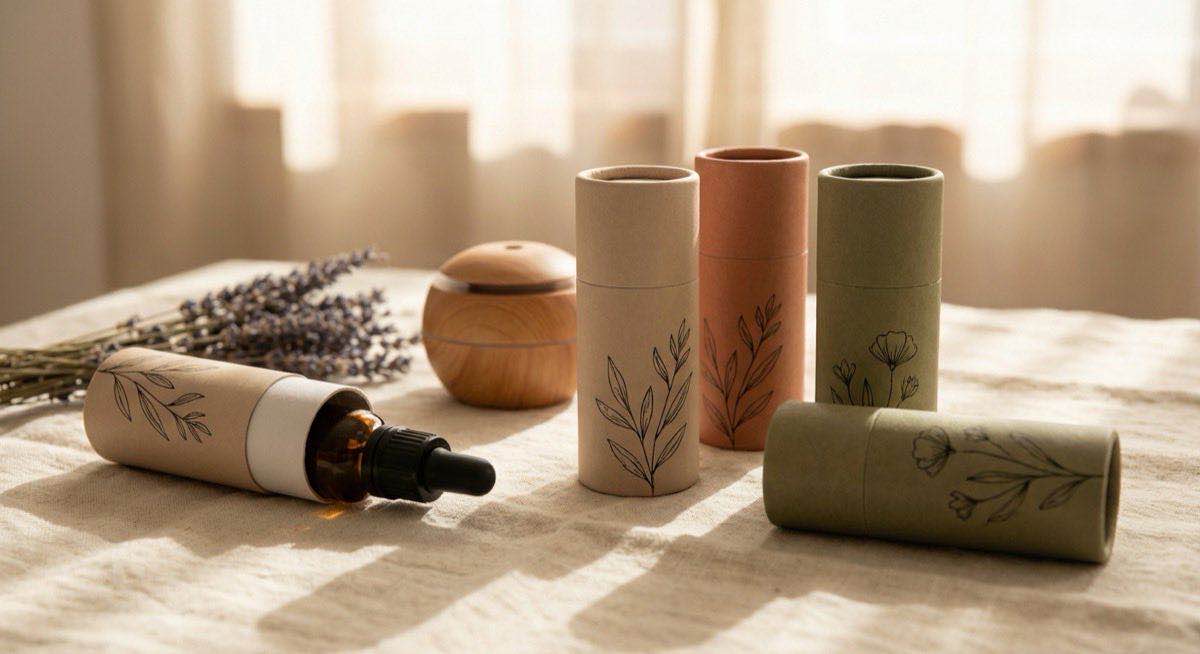 精油紙管包裝搭配琥珀色精油瓶展示，芳療品牌遮光保護與質感設計方案。
