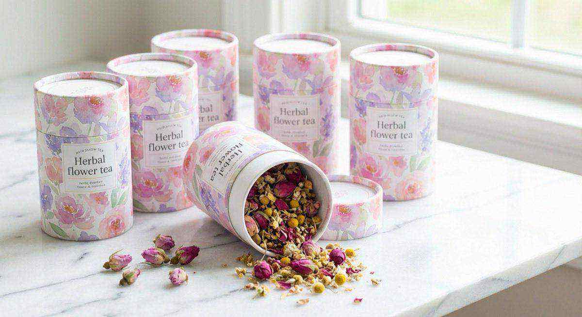 花茶紙罐包裝搭配乾燥花草展示，花草茶品牌繽紛美學保鮮客製化方案。