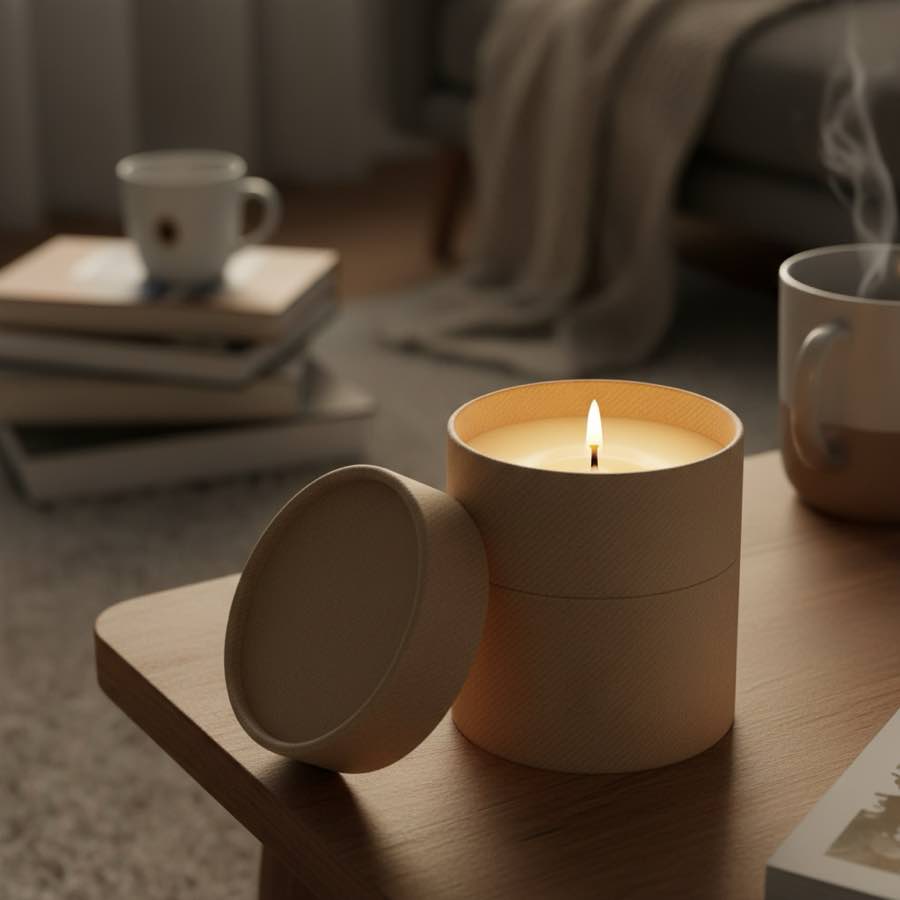 香氛蠟燭紙管包裝展示防熱內襯精品質感，節慶禮盒設計客製化紙管方案。