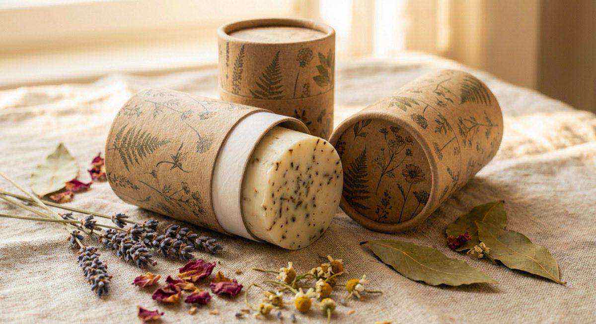 手工皂紙管包裝展示天然圓形皂體，環保質感與品牌差異化客製紙罐方案。