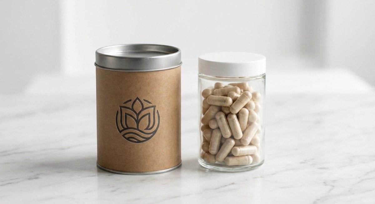 保健食品紙罐 塑料罐 比較——保健食品紙罐與塑料罐並排比較，展示兩種包裝的質感差異