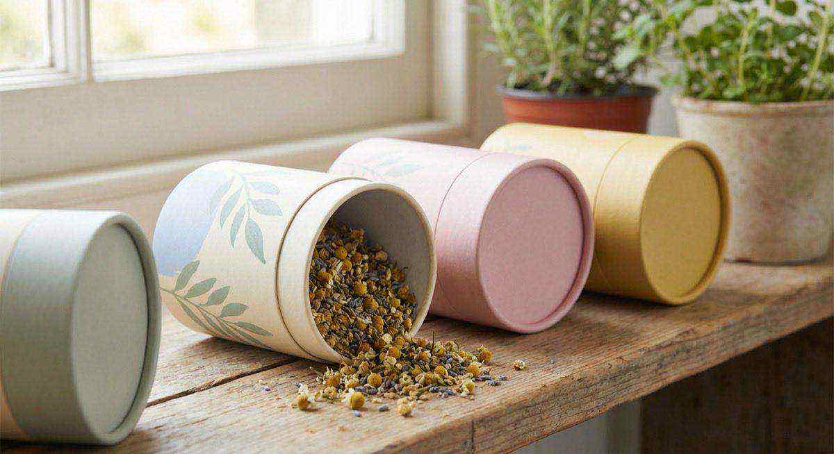 花草茶紙罐包裝展示洋甘菊與薰衣草茶，密封保香與視覺行銷關鍵設計。