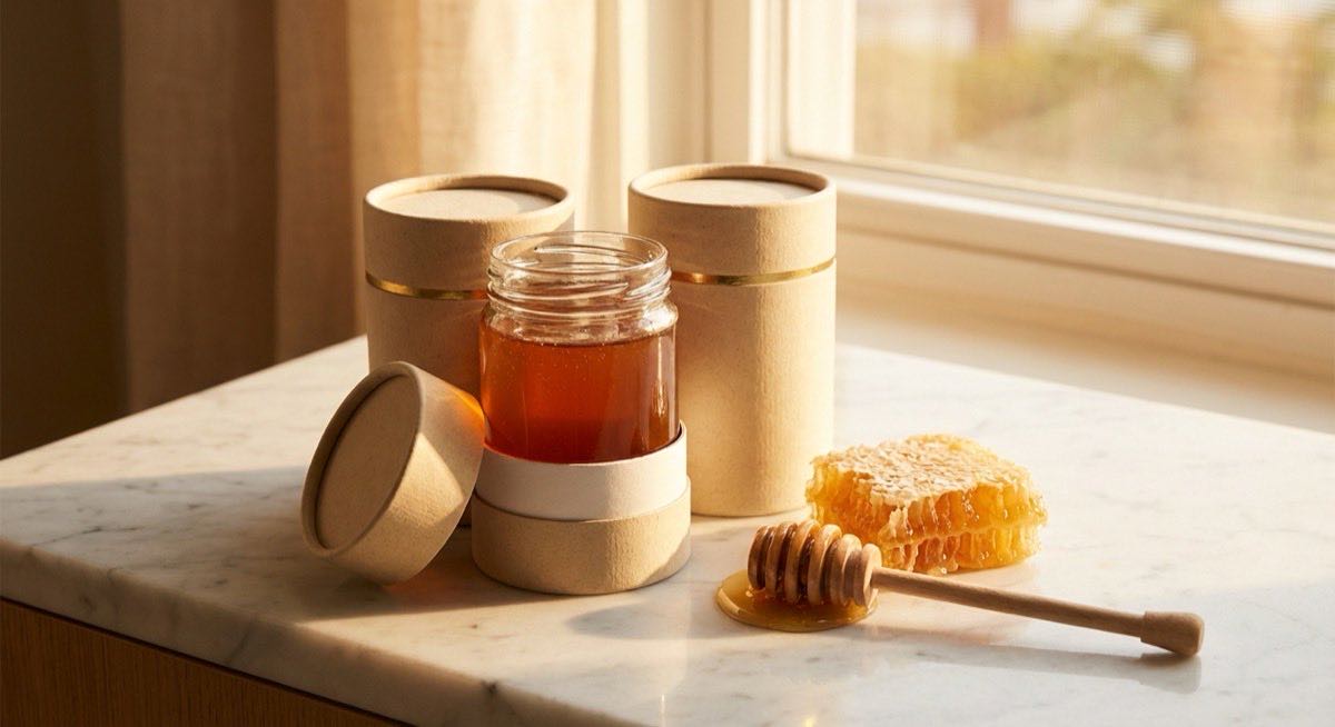 蜂蜜紙罐包裝搭配蜂巢與蜜糖勺展示，從產地直送到貨架吸睛完整設計指南。