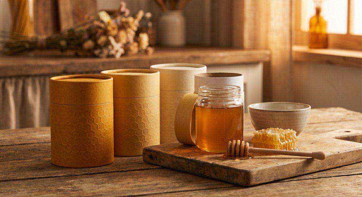 蜂蜜紙罐包裝搭配蜂蜜玻璃瓶展示，蜂農品牌產地故事與精品升級紙罐方案。