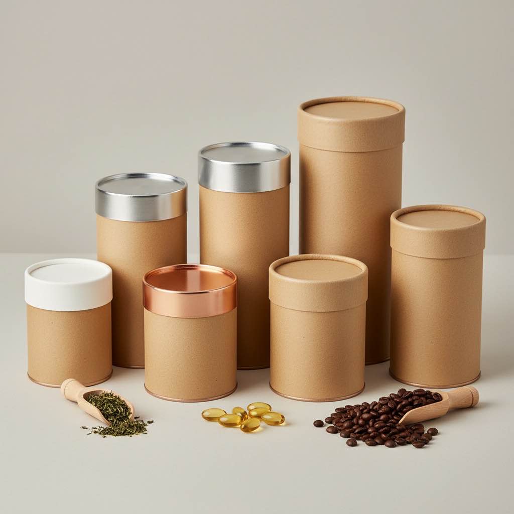 多款不同尺寸紙罐紙管包裝搭配各式蓋型展示產業應用多樣性