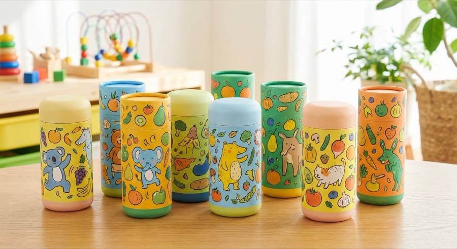 兒童營養品紙罐包裝展示食品安全防開啟設計，吸睛客製化紙罐安全說明。