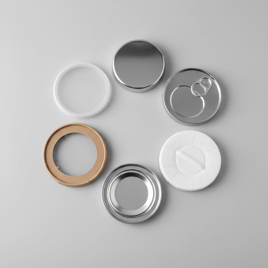 七種紙罐蓋型俯視排列比較-PE蓋鐵蓋易開蓋旋轉蓋紙蓋R型蓋