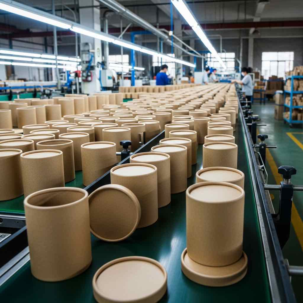 工廠生產線上排列的紙罐製造流程，訂製交期怎麼抓與時程規劃完整說明。