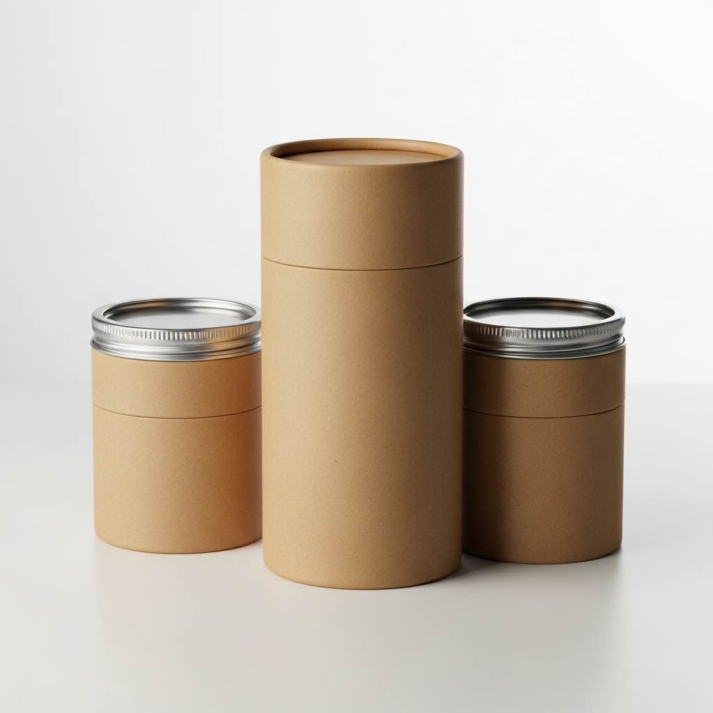紙罐打樣樣品三支並排白底攝影，打樣時間費用計算與客製化紙罐說明。