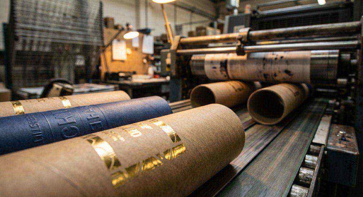 紙管印刷加工製程展示燙金與壓紋效果，從材質到成品客製化製程完整指南。