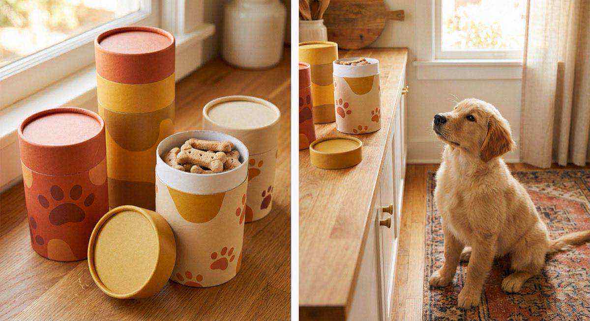 寵物零食紙罐包裝搭配黃金獵犬展示，毛小孩市場高質感品牌客製化方案。