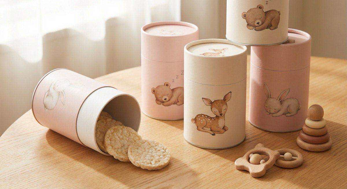 嬰幼兒米餅紙罐包裝搭配米餅展示，安心品牌升級方案與食品安全材質說明。