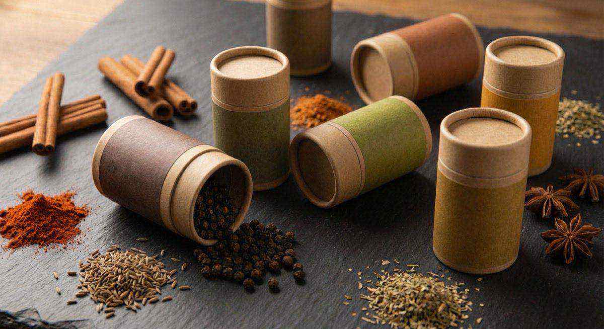 香料紙罐包裝展示胡椒粒與八角，鎖住風味專業調味品客製化包材方案。