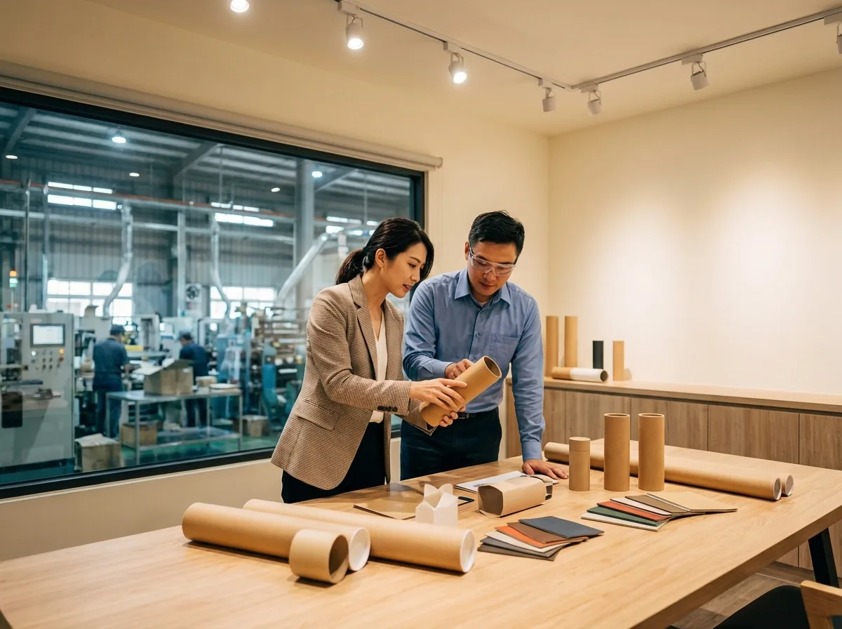 台灣在地紙管工廠與品牌客戶合作情境，小量試產與品質確認流程。