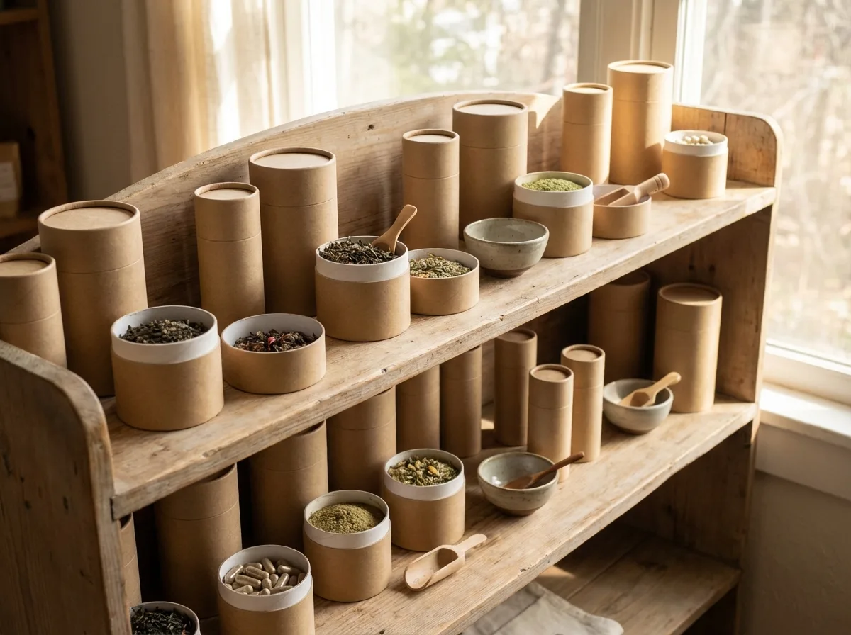 紙管包裝使用情境，保健食品與茶葉品牌在展示台上的紙管包裝陳列。