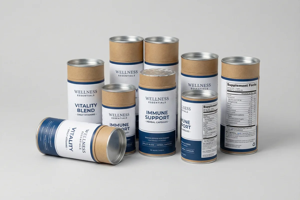 保健品紙罐法規標示範例，展示營養標示與成分表排版。