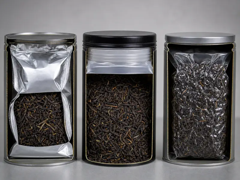 茶葉紙罐密封性完整指南:鋁箔內襯 vs PE 內襯 vs 真空封口 對比示意圖
