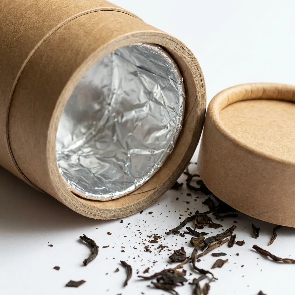 茶葉紙罐材質近拍，鋁箔複合膜內層的防潮結構與蓋子密封細節展示。