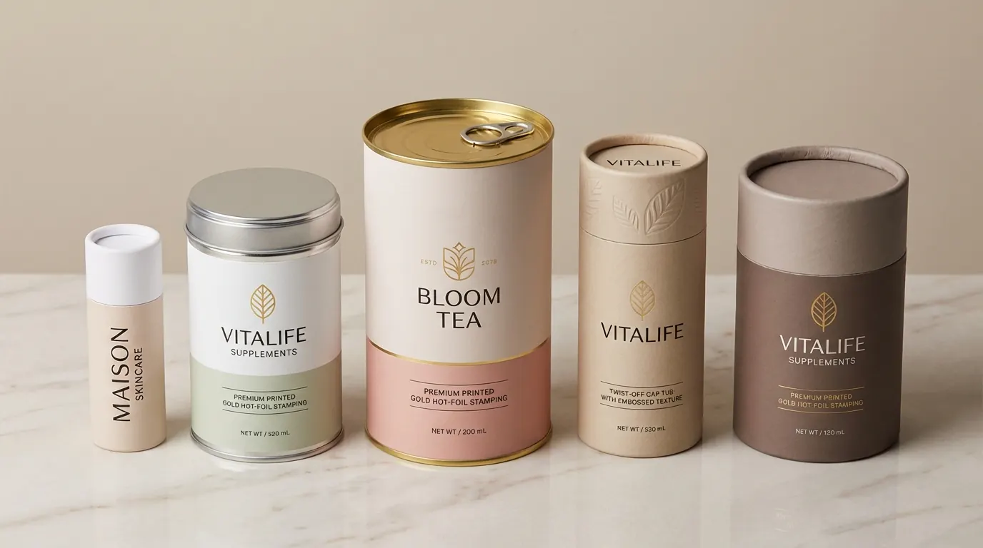 不同口徑、蓋型與材質的客製紙罐排列展示