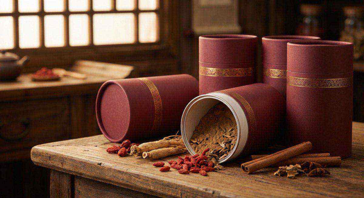 中藥粉紙罐包裝搭配漢方食材展示,漢方品牌專業形象保鮮客製化方案。