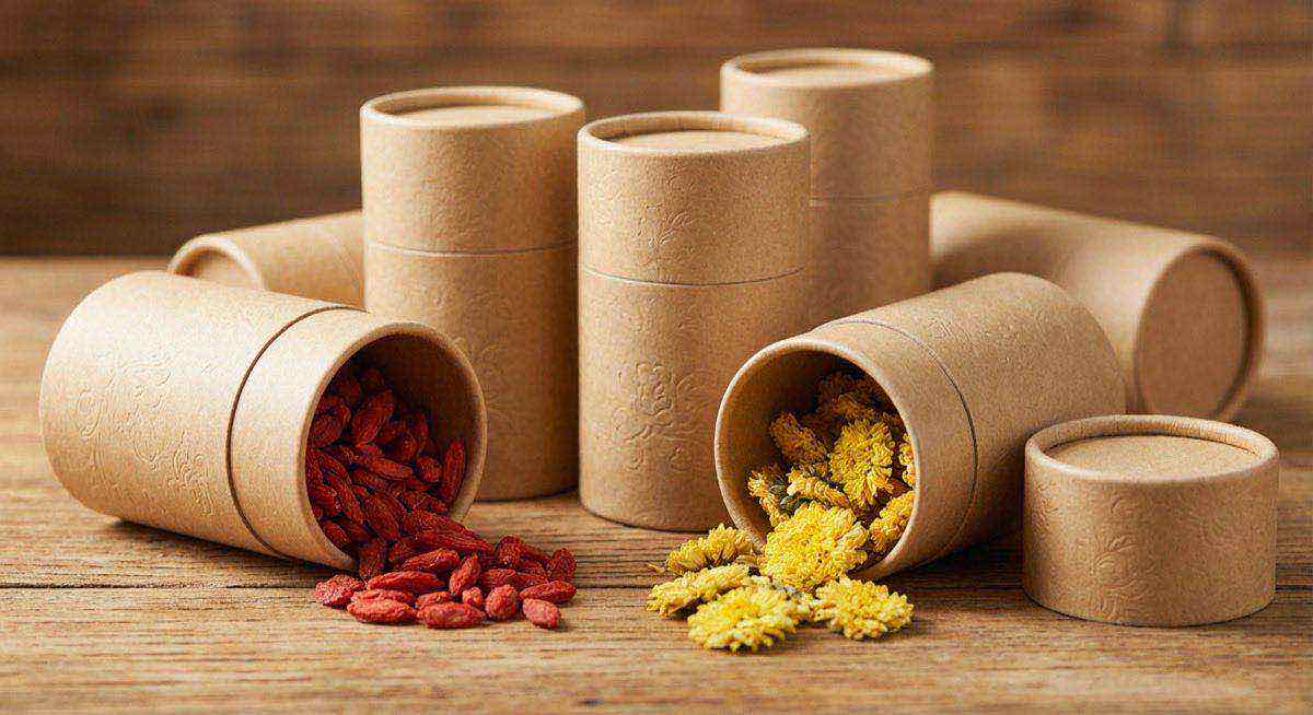 中藥材紙罐包裝展示乾燥枸杞與菊花,防潮密封與品牌質感完美平衡方案。