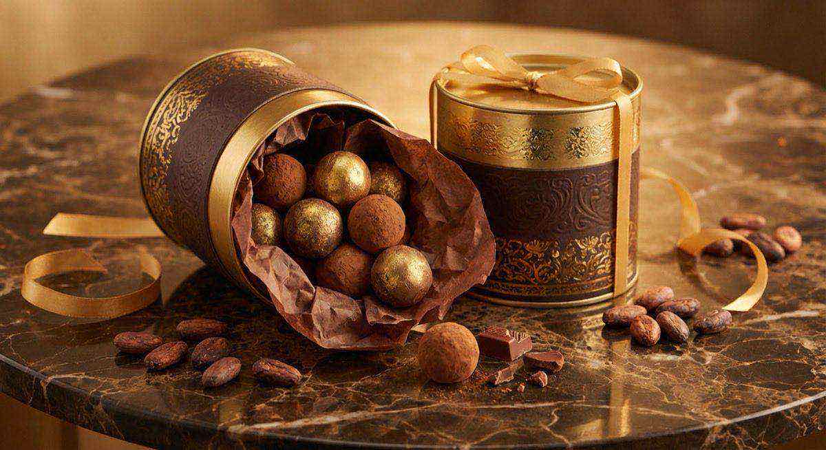 巧克力紙罐包裝搭配松露巧克力展示,甜點品牌精品形象與禮品客製方案。