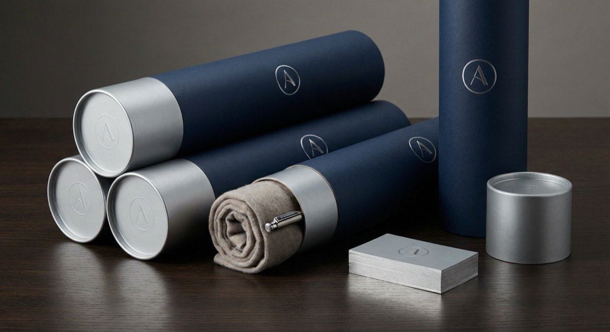 企業贈品紙管包裝客製化設計,深藍色燙銀質感品牌禮品,台灣紙管工廠直營製作。