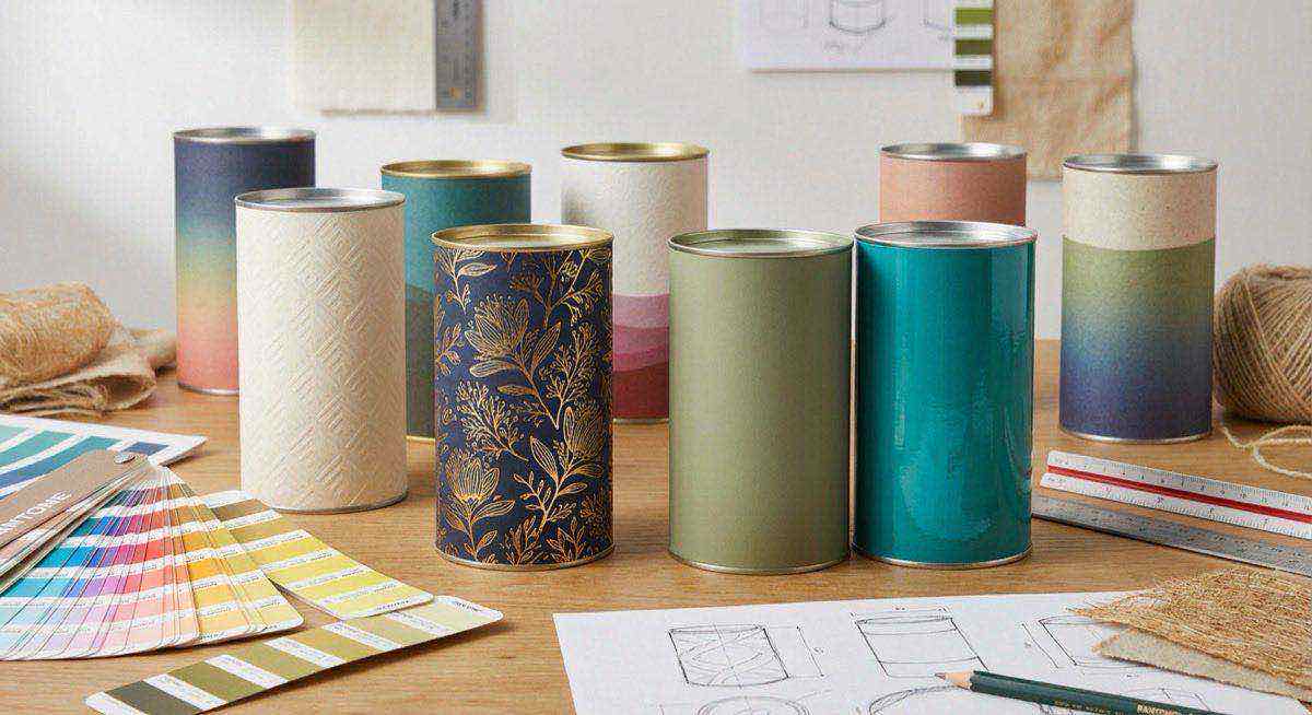 客製化紙罐設計展示多種印刷加工效果,品牌色彩應用與表面加工完整規劃。