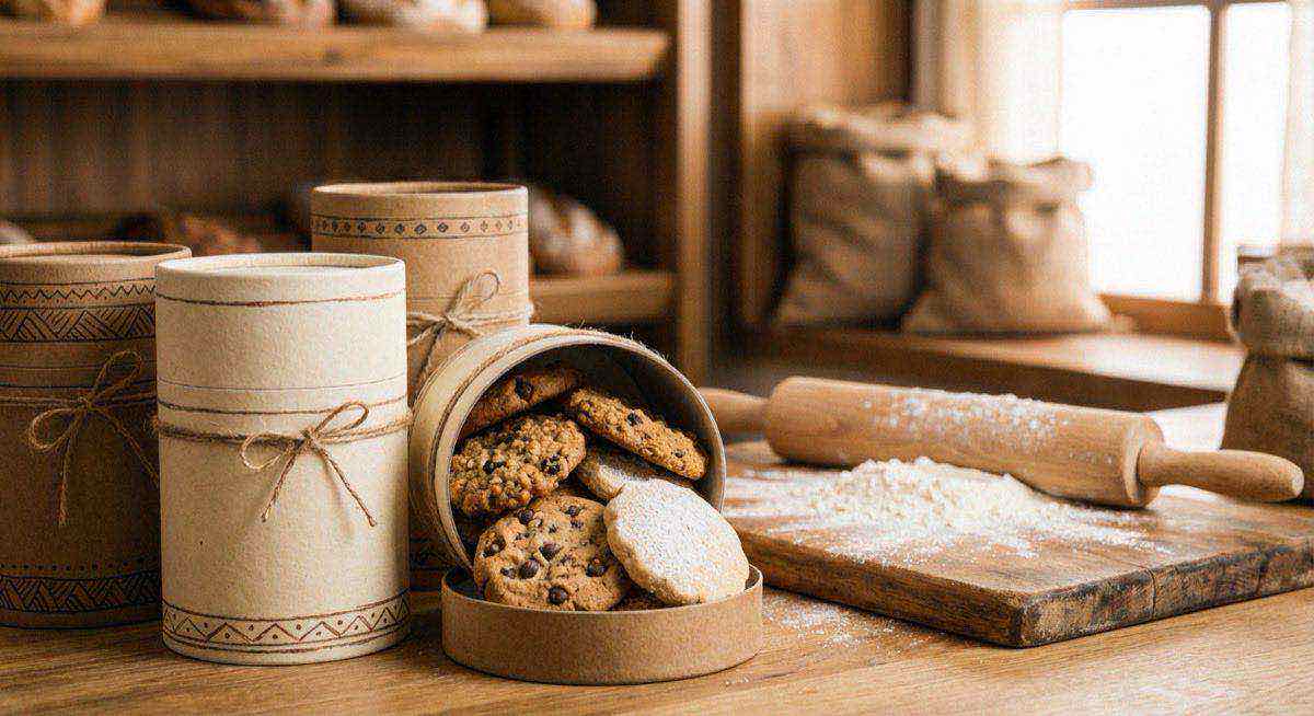 手工餅乾紙罐包裝搭配烘焙場景展示,烘焙品牌質感升級防碎客製方案。