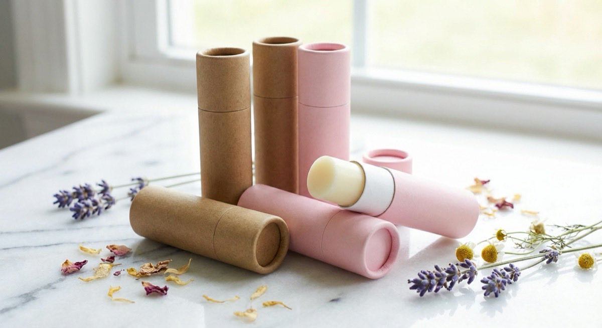 護唇膏推管式紙管包裝,環保材質替代塑膠美妝品牌方案,客製化印刷設計。