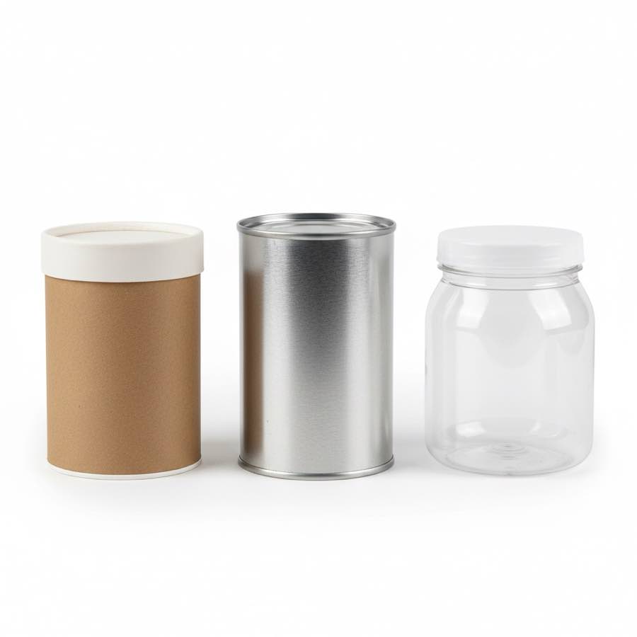 紙罐鐵罐塑膠罐三種包裝容器並排比較,品牌包裝材質轉型完整選擇決策指南。