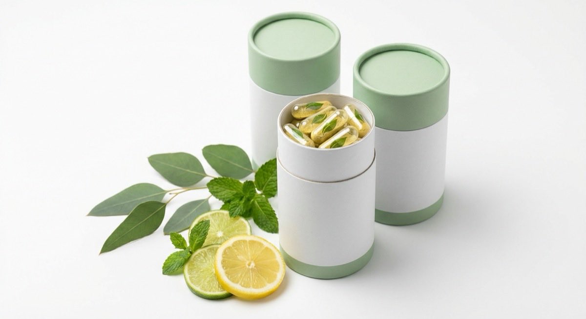 維他命保健品紙罐包裝搭配膠囊展示,專業形象與法規標示客製紙罐方案。