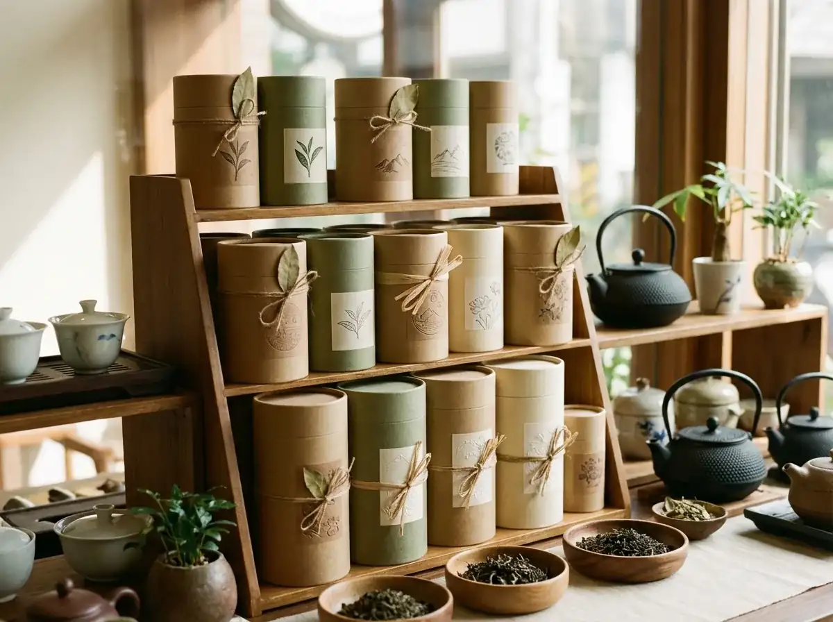 茶葉紙罐品牌印刷使用情境,精品茶葉品牌紙罐在展示架上的陳列效果。